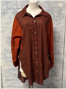 Longline Orange & Brown Striped Button-Down Tunic Shirt